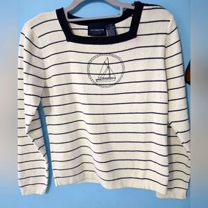 Vintage 90s Liz Claiborne Women's Nautical Striped Sweater - Navy and Cream